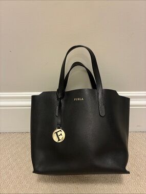 Furla Black Leather Tote with Gold Medallion 👝